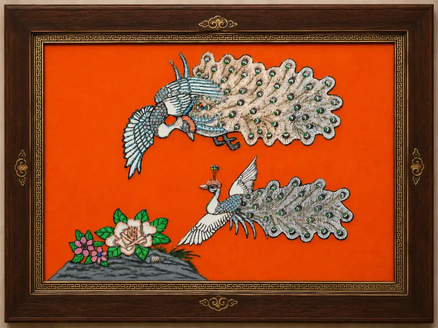 Majestic Peacock Pair — Chinese Fabric Applique Wall Art
