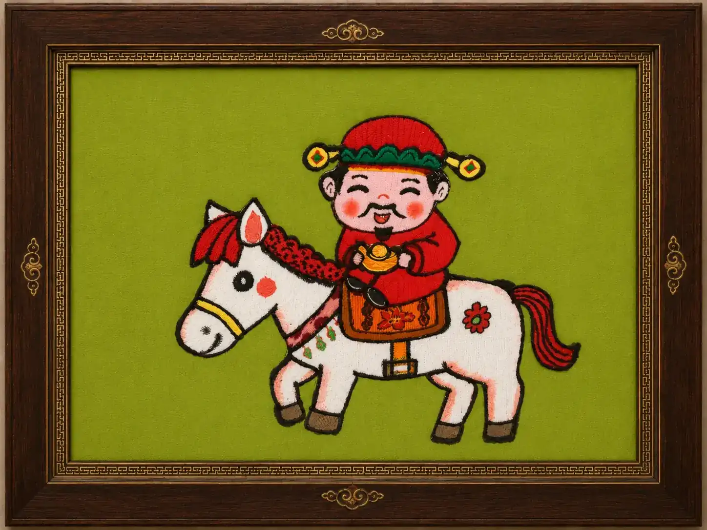 Lucky New Year Boy on Horse — Chinese Fabric Applique Wall Art