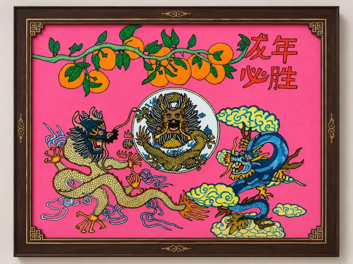 Dragon and Lion Dance — Chinese Fabric Applique Wall Art